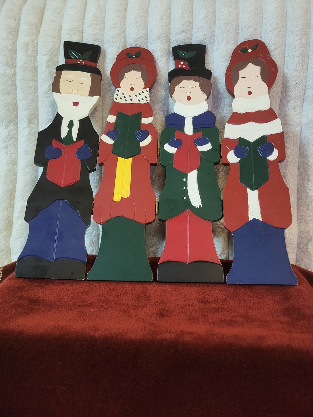 Vintage Wooden Christmas Carolers Folding Tabletop Screen 4-Panel Holiday Decor